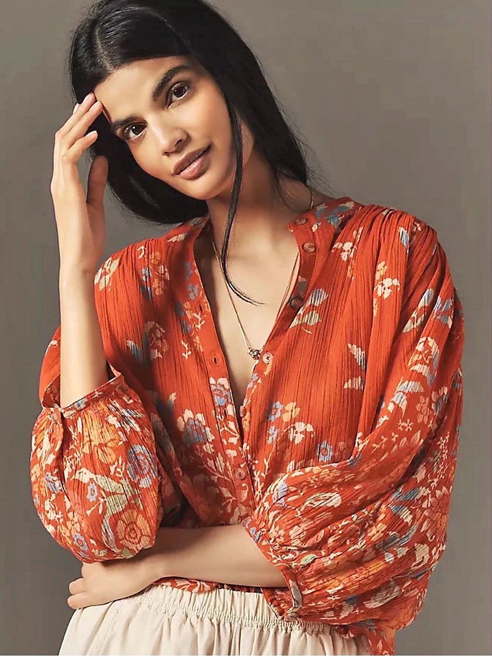 PILCRO The Sidney Batwing Cotton Blouse in Red Large